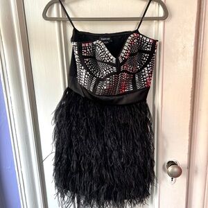 bebe Black Feathered Dress with Studded Bodice